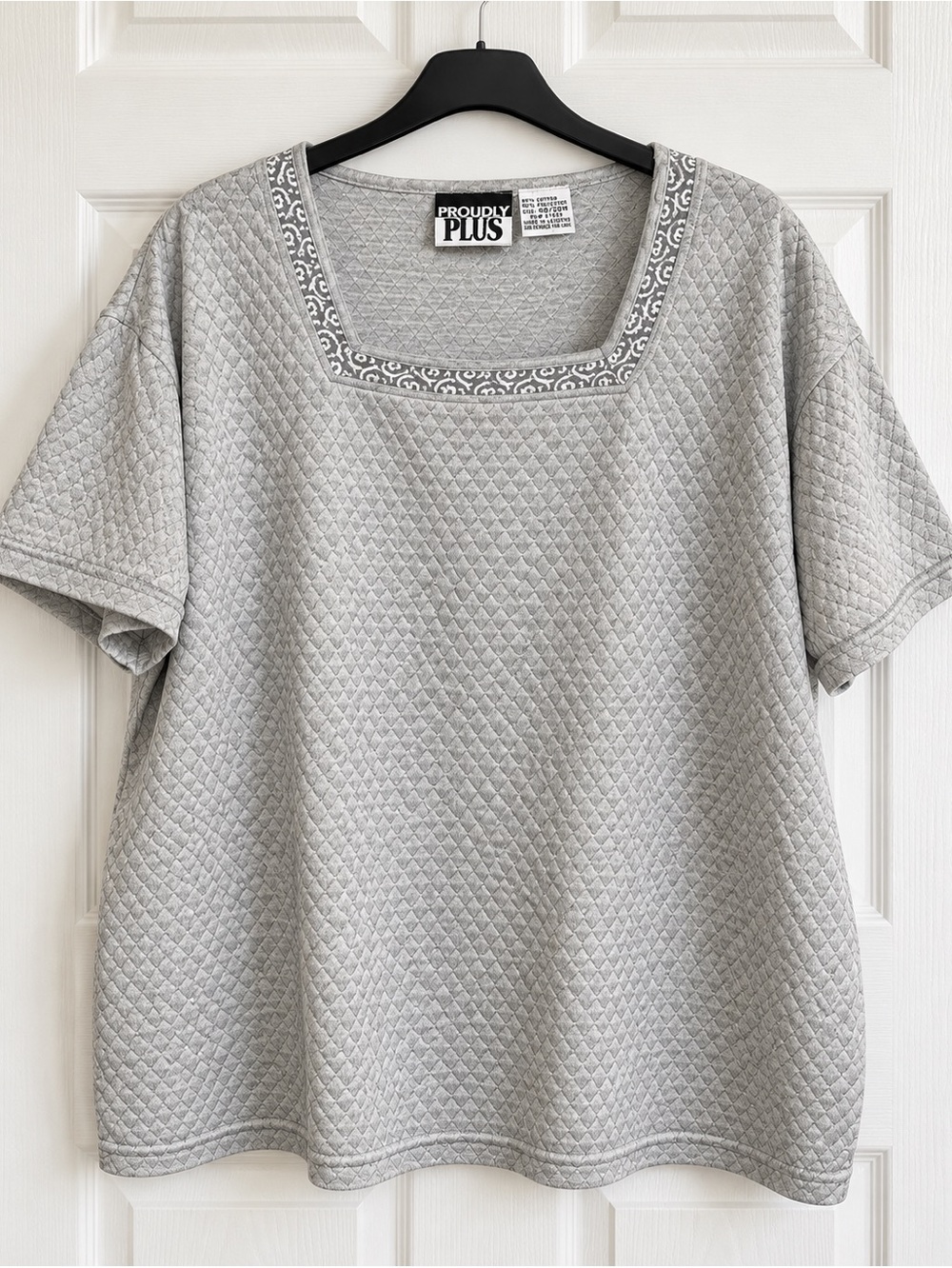 Proudly Plus Gray Square-Neck Blouse, Size 20W, Quilted Texture